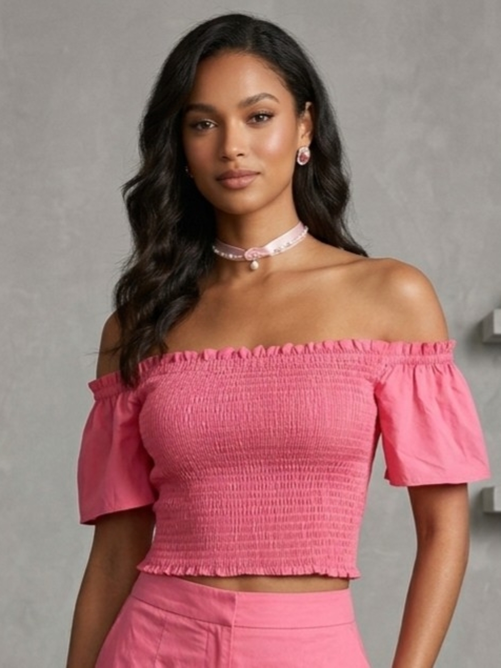 H&M Pink Smocked Off-Shoulder Crop Top